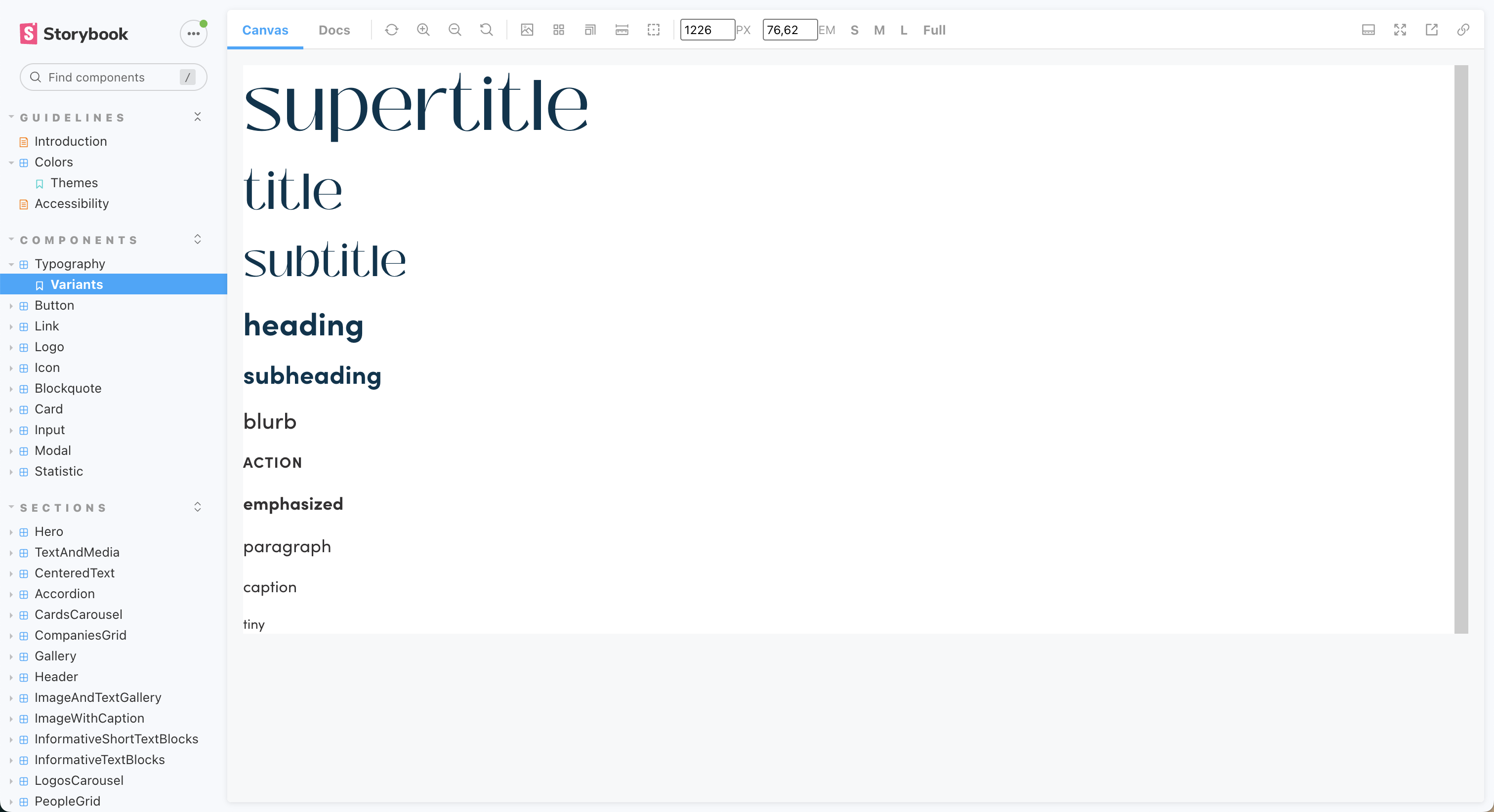 Storybook defninition of Typography.